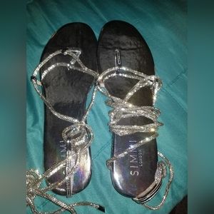 Elyse Silver Diamonte Lace Up Flat Sandals